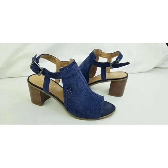 Franco Sarto Size 8M Women's Blue Suede Buckle Ankle Strap Open Toe Block Heel - Picture 12 of 13